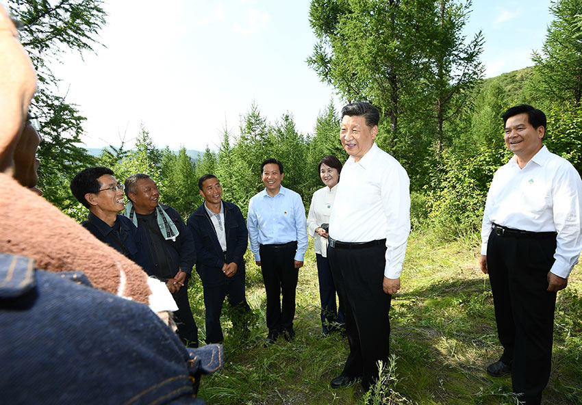 7月15日，中共中央總書記、國(guó)家主席、中央軍委主席習(xí)近平赴內(nèi)蒙古自治區(qū)考察調(diào)研。這是習(xí)近平在赤峰市喀喇沁旗馬鞍山林場(chǎng)了解生態(tài)文明建設(shè)情況。 新華社記者 謝環(huán)馳 攝